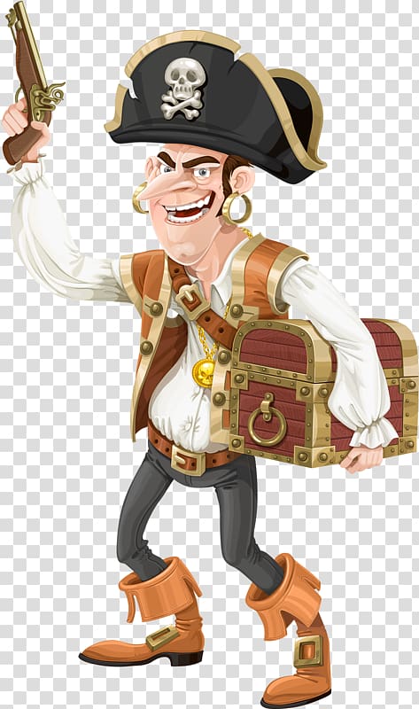 pirate holding treasure chest illustration, Piracy Illustration, Cartoon pirates transparent background PNG clipart