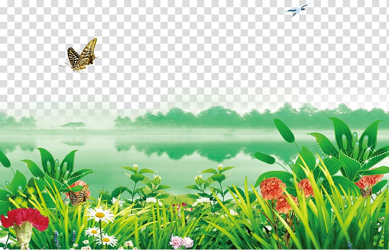 Poster , Riverside flowers decorated with green background transparent background PNG clipart
