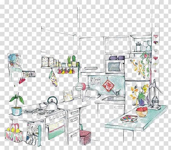 Kitchen Room Drawing Interior Design Services, Cartoon Kitchen transparent background PNG clipart