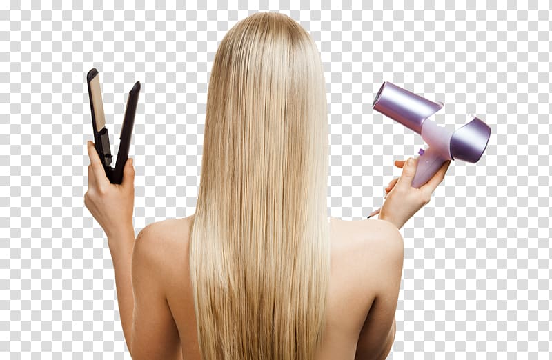 woman holding hair dryer and straightener, The 50 Shades of Blonde Hair care Beauty Parlour Nail, Blonde holding a hair dryer transparent background PNG clipart