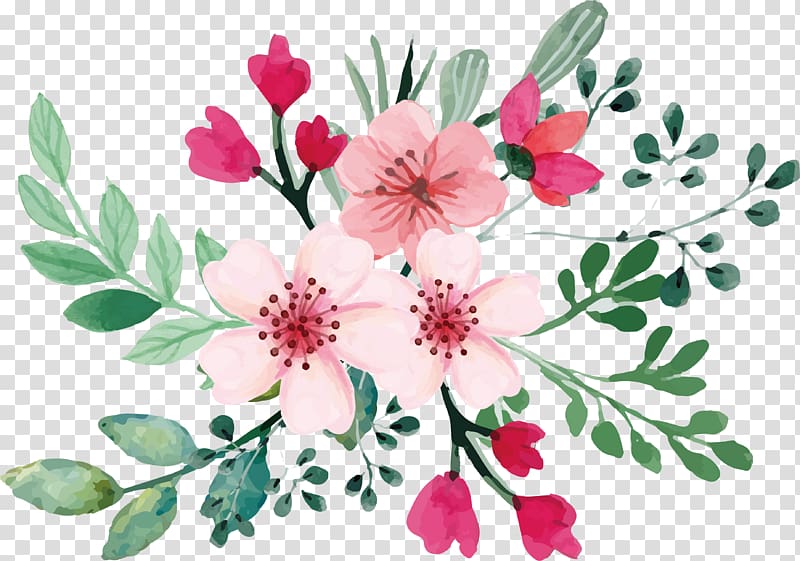 pink and red flowers illustration, Romantic watercolor cherry blossom bouquet transparent background PNG clipart