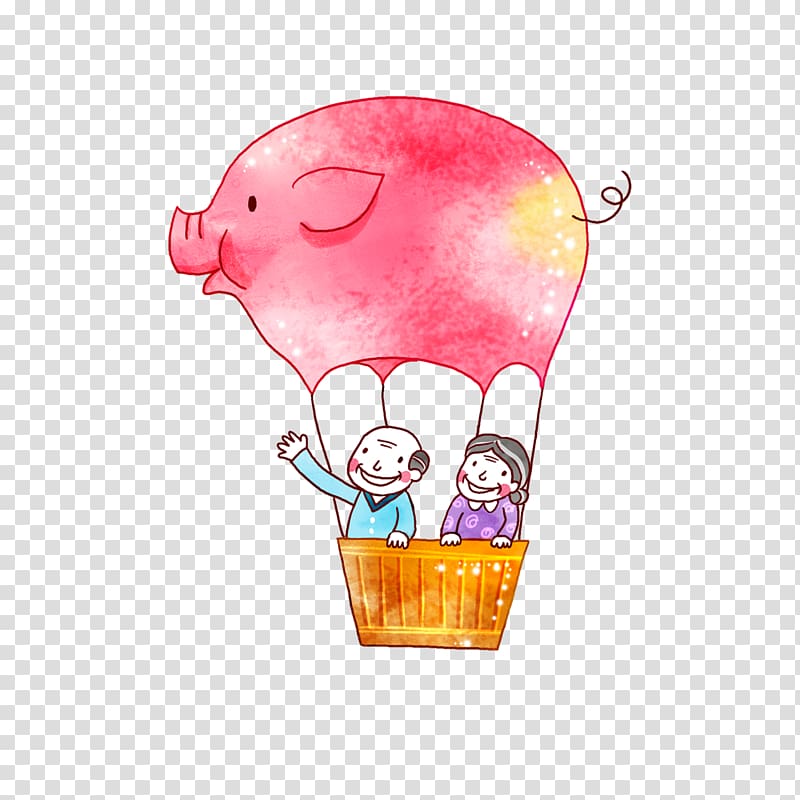 Hot air balloon Cartoon, Cartoon pig hot air balloon transparent background PNG clipart