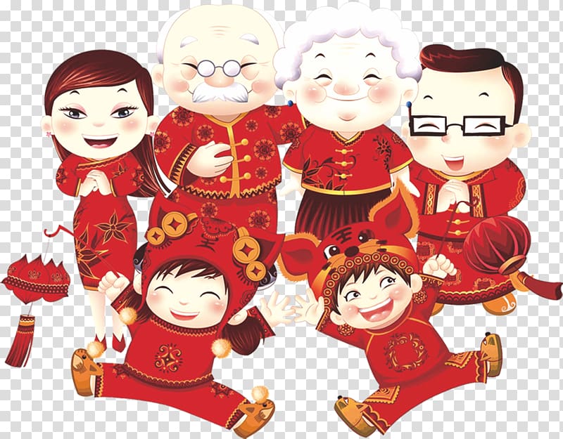 Chinese New Year Lion dance Lunar New Year, Cartoon family portrait transparent background PNG clipart