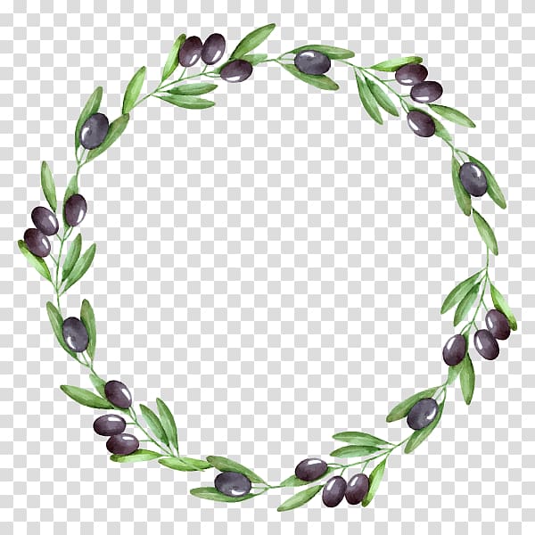green leaf and black fruit , Watercolor painting Olive wreath Olive branch, olive transparent background PNG clipart