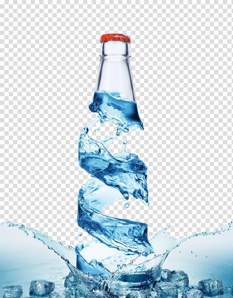 spiraling blue water forming beverage bottle, Bottled water Purified water Water bottle, Creative bottle transparent background PNG clipart