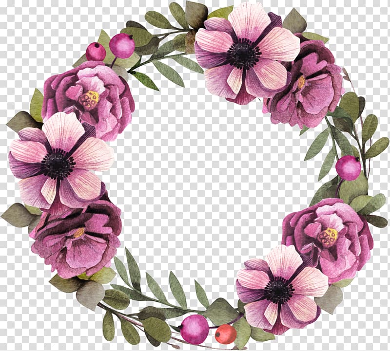 pink petaled flowers illustration, Floral design Wreath Flower Garland Purple, Purple flower wreath transparent background PNG clipart