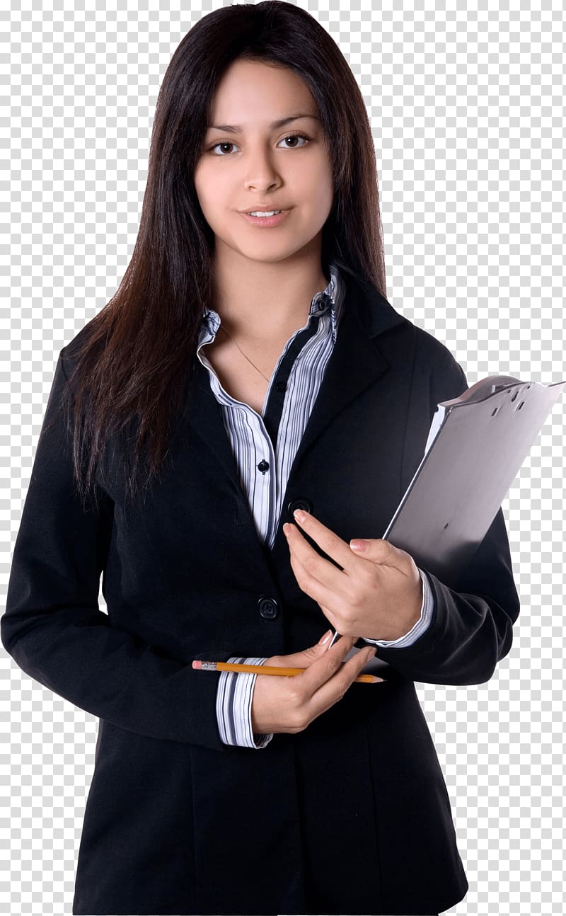 Business Woman Girl , woman standing wearing black cardigan while holding paperboard transparent background PNG clipart