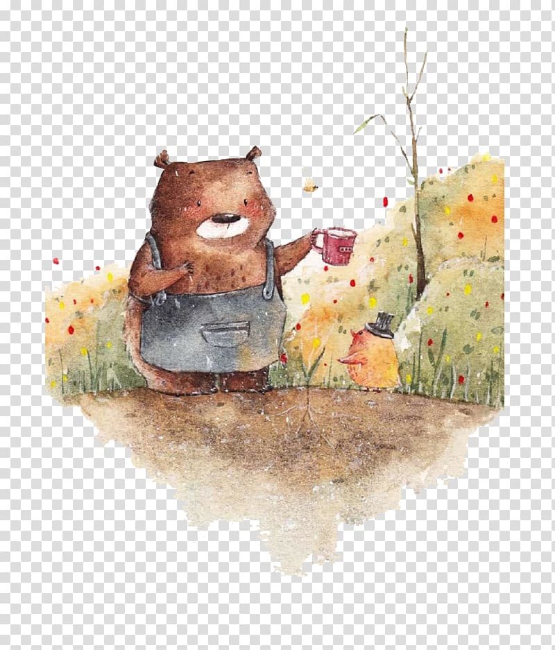 Watercolor painting Illustration, Cartoon bear and chick transparent background PNG clipart