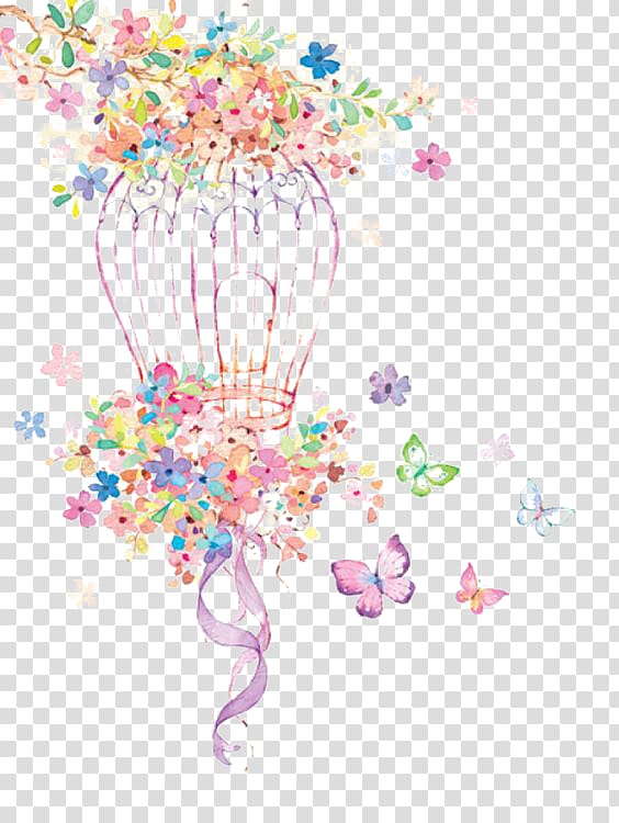 Paper Birdcage Watercolor painting, Art Birdcage, multicolored flowers and butterflies transparent background PNG clipart