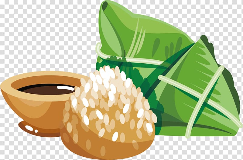 green vegetable and brown bowl illustration, China Zongzi Dragon Boat Festival, rice dumplings transparent background PNG clipart
