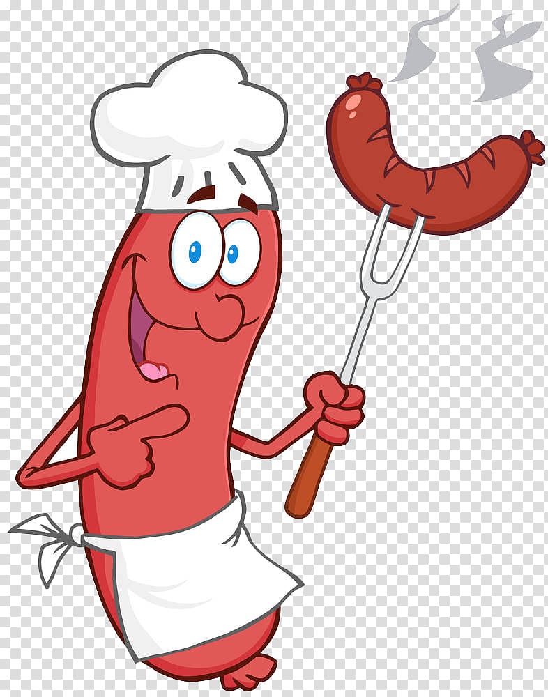 red sausage illustration, Bratwurst Sausage Hot dog Barbecue , The person holding sausage sausage transparent background PNG clipart