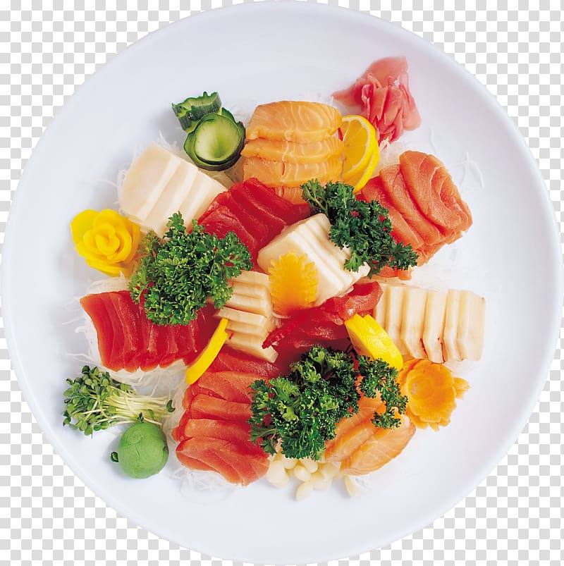 sliced meat with vegetable dish, Sashimi Sushi Japanese Cuisine Seafood Smoked salmon, Sushi platter transparent background PNG clipart