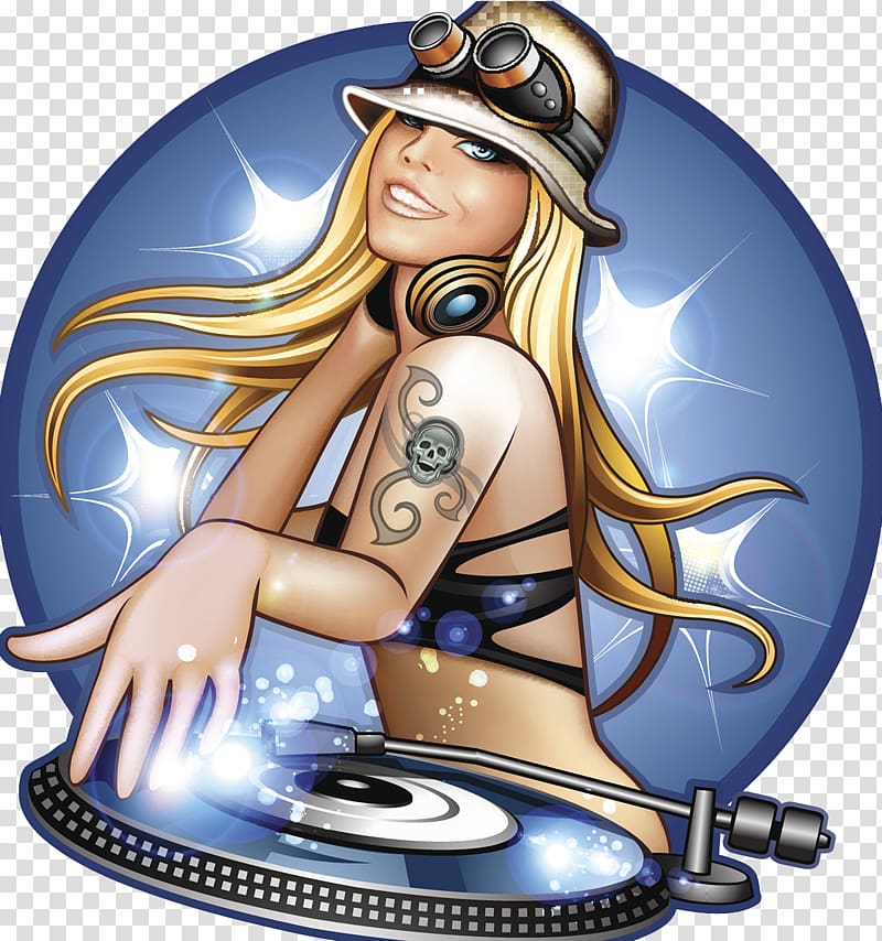 woman playing with turntable , Disc jockey Microphone Nightclub, Night club beauty music DJ illustration transparent background PNG clipart
