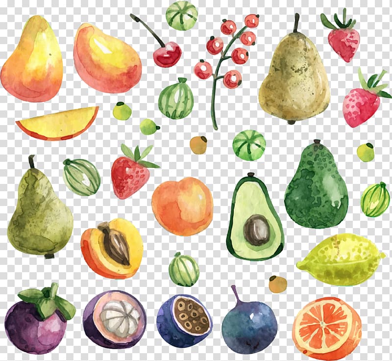assorted-color fruit , Fruit Watercolor painting Apricot, Green avocado transparent background PNG clipart