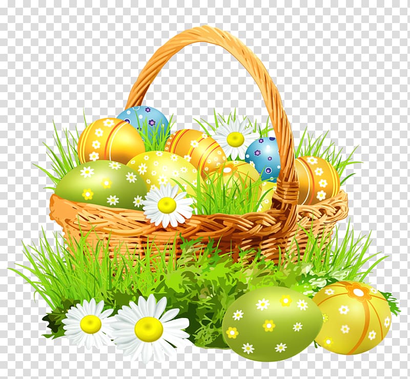 Easter Bunny Easter basket , Easter Basket with Eggsand Daisies , white daisies and Easter eggs transparent background PNG clipart