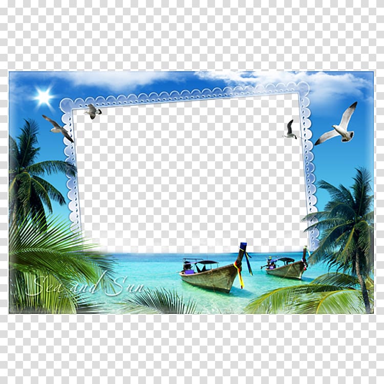 two gray canoes and coconut trees, frame Window Film frame, Yang Guan beach frame transparent background PNG clipart