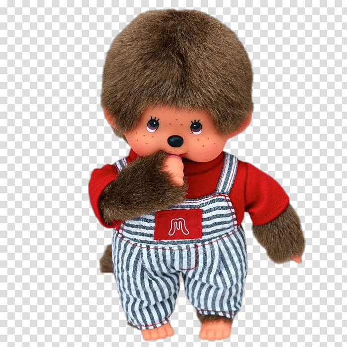black, white, and red striped dressed animal doll, Monchhichi Overalls transparent background PNG clipart