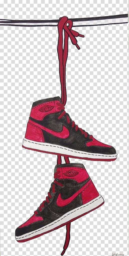 pair of black-and-red Nike Air Jordan 1 shoes illustration, Jumpman Shoe Air Jordan Sneakers Nike, Hand painted watercolor Nike sports shoes transparent background PNG clipart