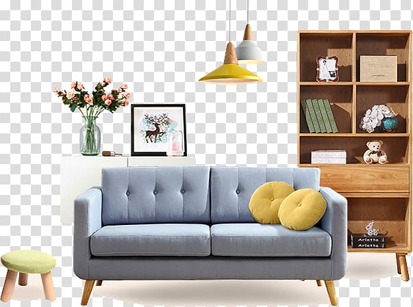 blue 2-seat sofa in room beside brown wooden shelf rack, Furniture Poster Couch, Home Furnishings transparent background PNG clipart