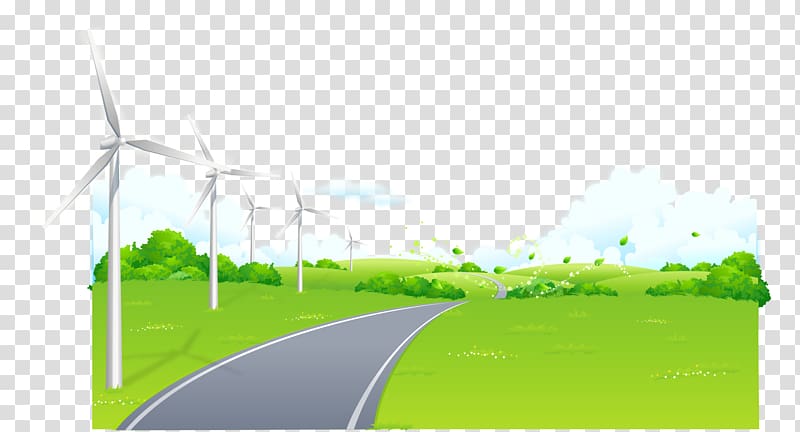 Hand-drawn cartoon landscape road windmill grass outskirts transparent background PNG clipart
