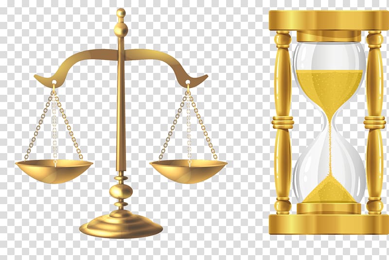 gold weighting scale and hour glass , Hourglass Sand Clock, Golden balance and golden hourglass transparent background PNG clipart