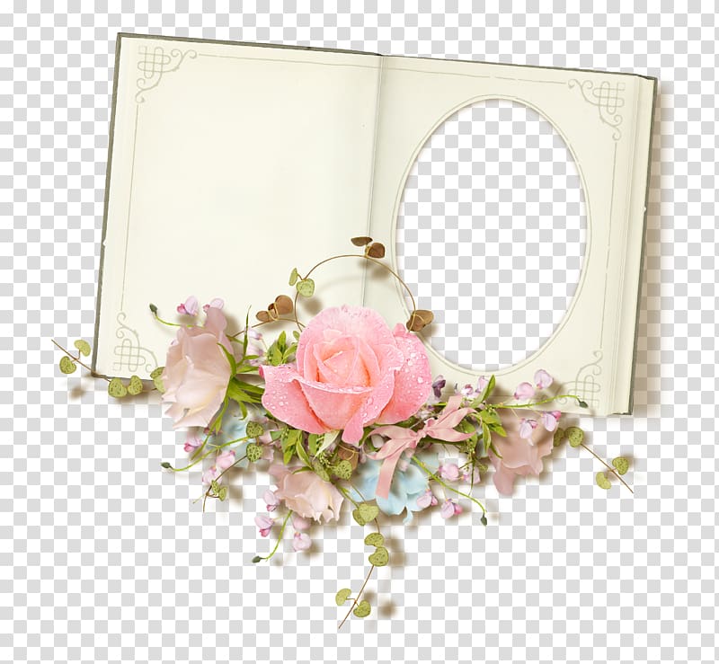 pink rose and book art, frame, Frame mosaic decoration books transparent background PNG clipart