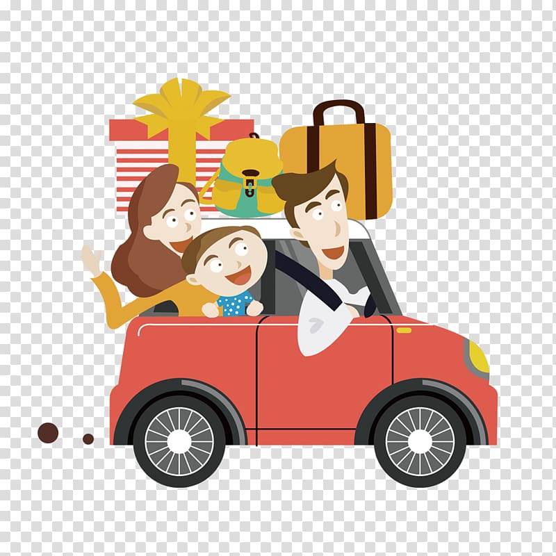 red Mini Cooper , Car Animation Travel Drawing, Cartoon family travel transparent background PNG clipart