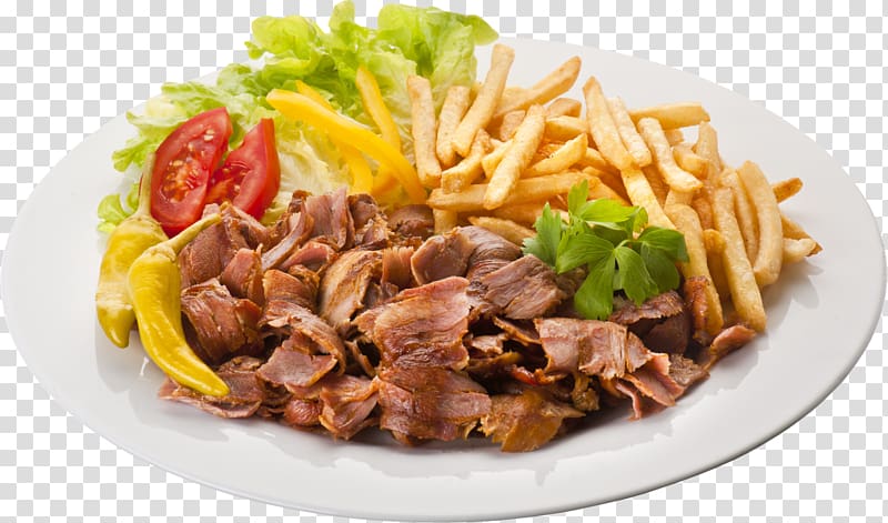 cooked meat with fries on white ceramic plate, Doner kebab Pizza Fast food Chicken meat, kebab transparent background PNG clipart