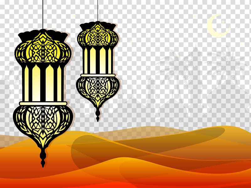 Quran Islam Mosque Wall decal, Decorative landscape and Islamic TDP, two black pendant lamps with desert background transparent background PNG clipart