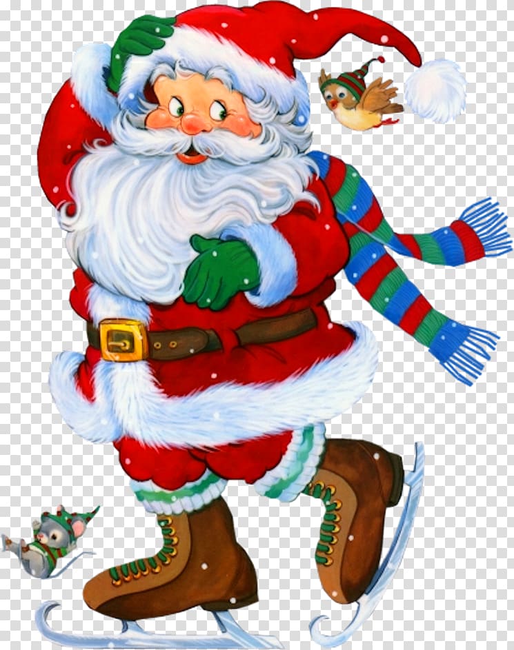 Santa Claus wearing blue scarf illustration, Rudolph Santa Claus Christmas New Year, Santa with Skates transparent background PNG clipart