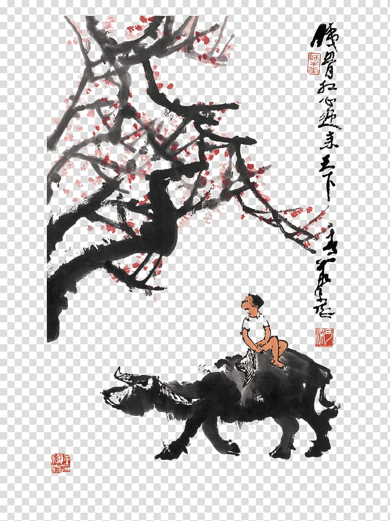 Cattle Paper Ink wash painting Shan shui Feng shui, Sitting in the back of the bull flowers Boy transparent background PNG clipart