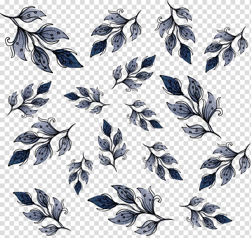 Watercolor painting Motif, Blue hand painted watercolor leaves pattern transparent background PNG clipart