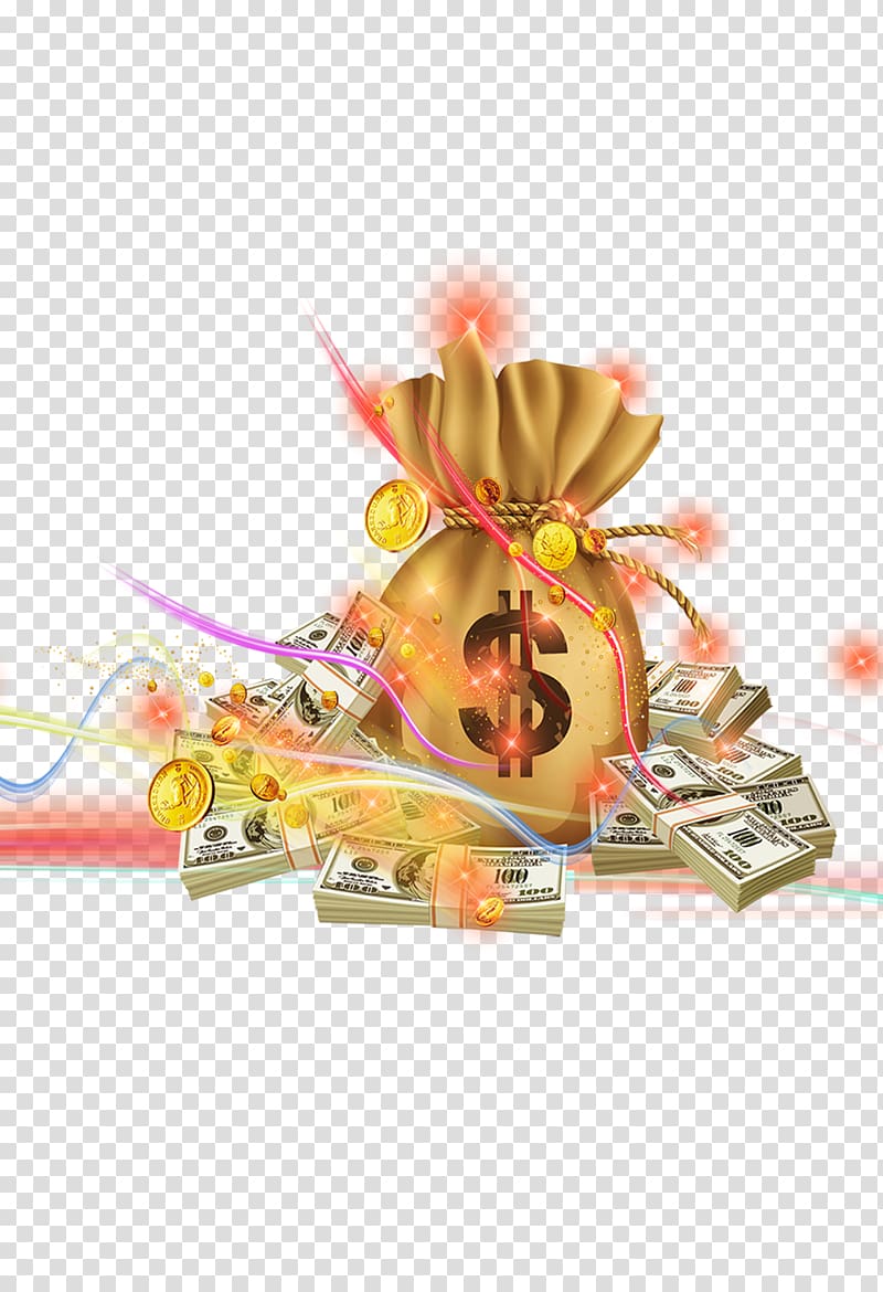 dollar cash bag beside US dollar banknotes illustration, Money Gold coin, Drift of gold coins transparent background PNG clipart
