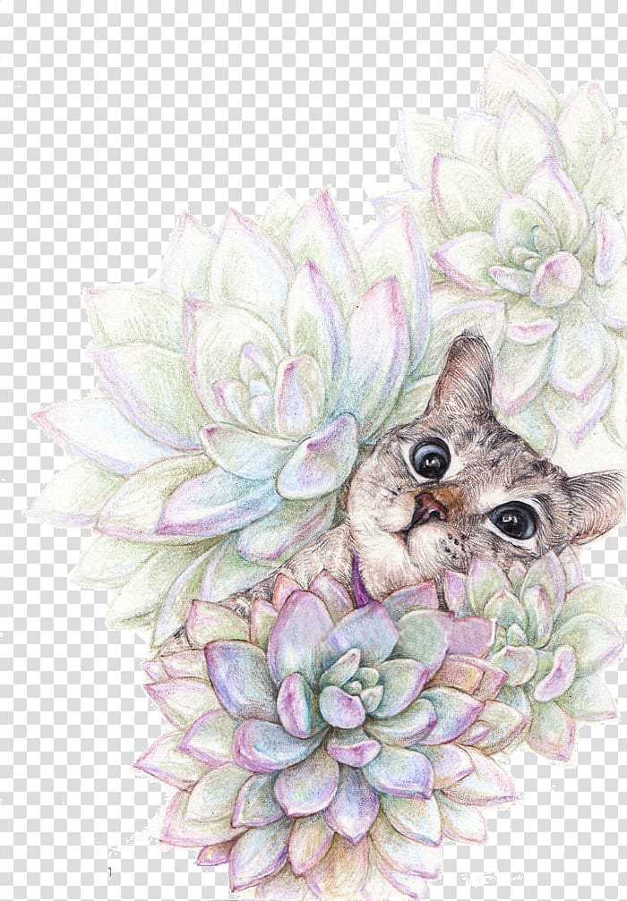 short-haired brown kitten covered in succulents artwork, Cat Succulent plant Watercolor painting Colored pencil Illustration, Cute cat transparent background PNG clipart