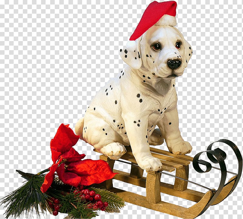 Dalmatian on snow sled figurine, Christmas Dog on A Sledge transparent background PNG clipart