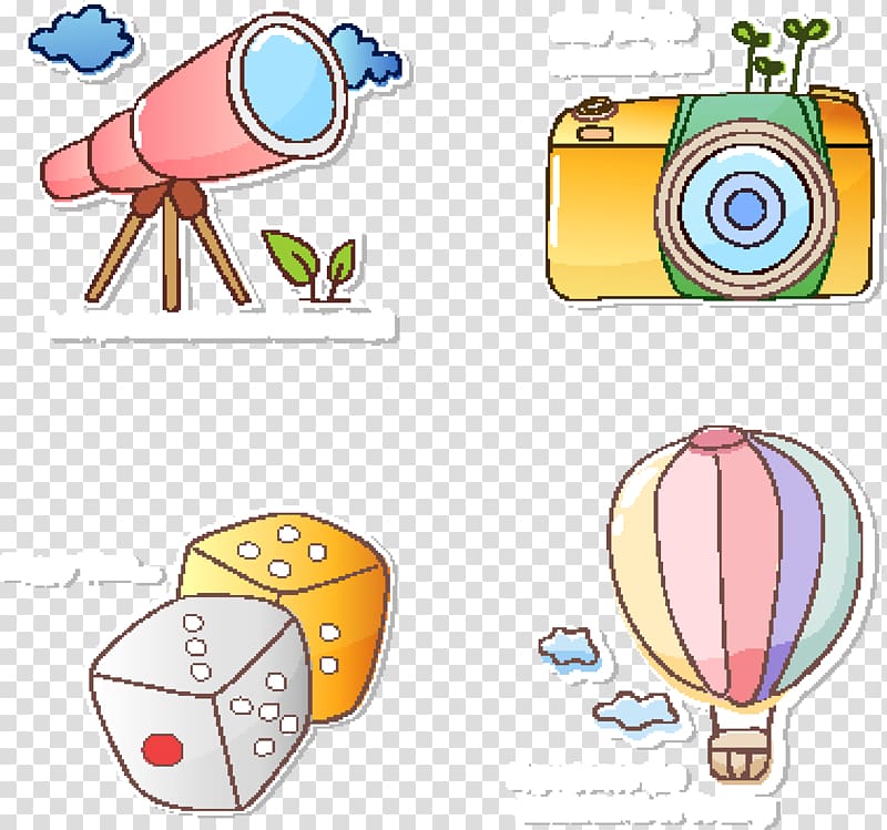 Cartoon , Hand-painted hot-air balloon telescope camera dice transparent background PNG clipart