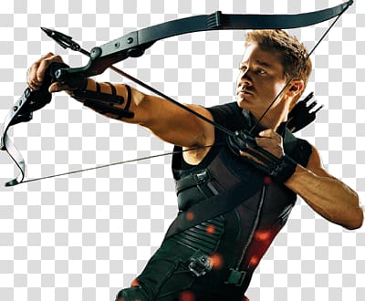 Jeremy Renner as Marvel's Hawkeye holding bow and arrow, Hawkeye Left transparent background PNG clipart