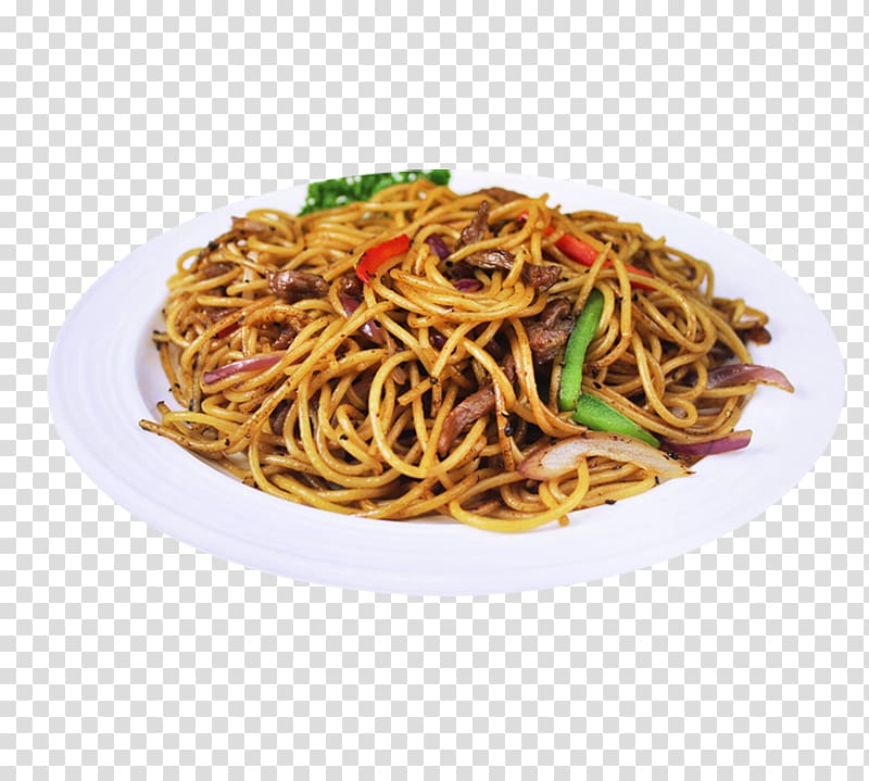 noodles in plate, Chow mein Lo mein Spaghetti aglio e olio Singapore-style noodles Spaghetti alla puttanesca, Black pepper beef fried spaghetti transparent background PNG clipart