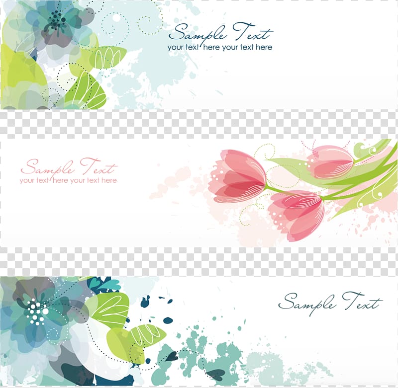 three Sample Text collage, Flower Banner Illustration, Banner background design transparent background PNG clipart