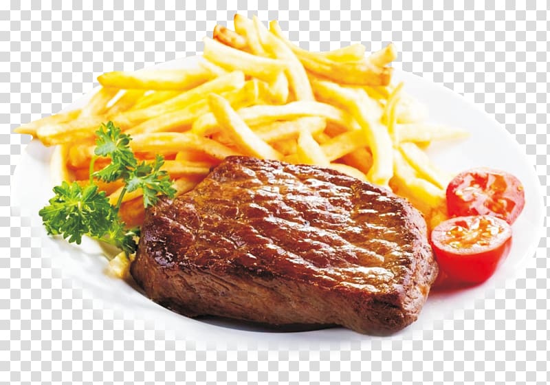 steak, fries, and tomato slice on plate, Steak xc0 la carte Okuklje Omelette Feijoada, Beef fries creative background transparent background PNG clipart