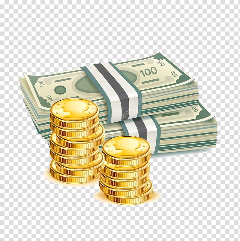 Gold coin Money Banknote United States Dollar, coin stack transparent background PNG clipart