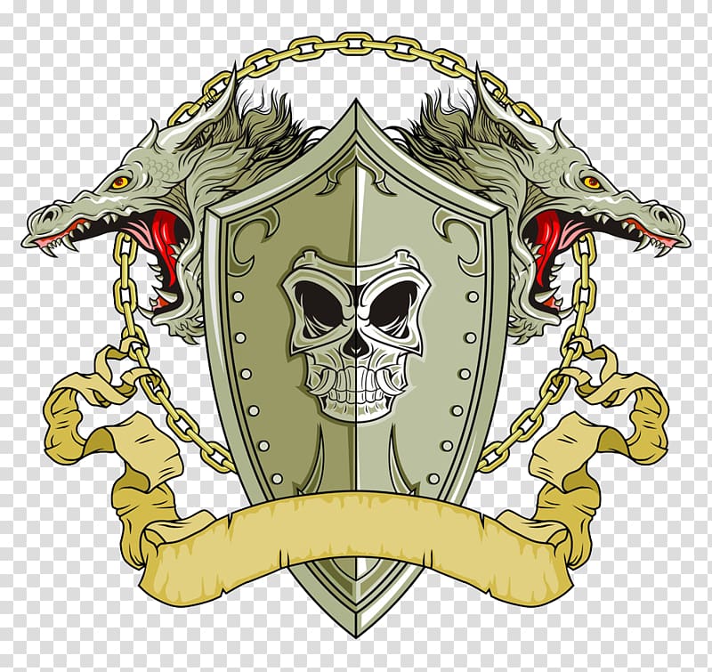gray dragon head and shield logo, Shield Dragon Illustration, Skull Shield transparent background PNG clipart