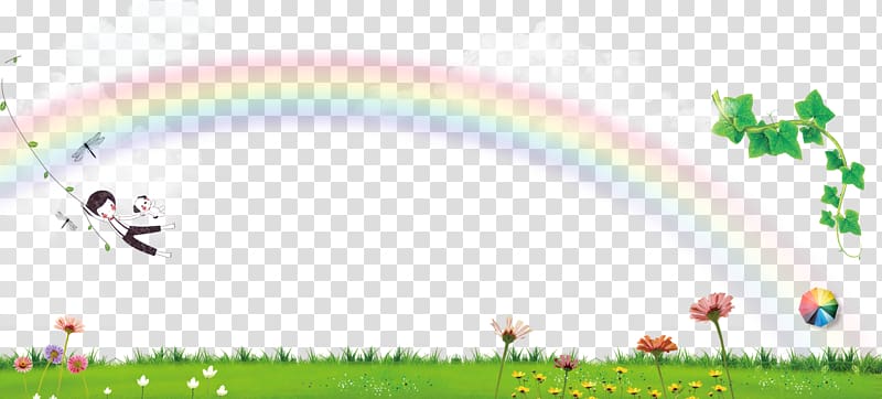 boy hanging on vine with rainbow and clouds in background , Poster Fundal Cartoon, Rainbow green background poster transparent background PNG clipart