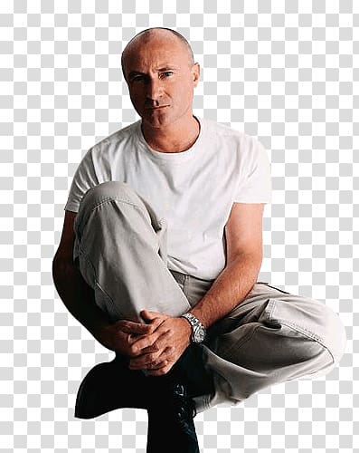 man wearing white shirt and gray pants, Phil Collins Sitting transparent background PNG clipart