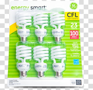 Product design GE 22847, FLE23HT3/2/10E/SW 6pk Twist Medium Screw Base Compact Fluorescent Light Bulb by GE Compact fluorescent lamp Packaging and labeling, blister pack transparent background PNG clipart thumbnail