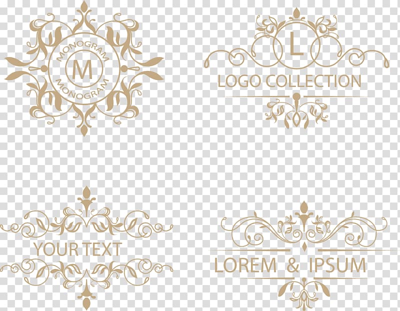 four brown floral logos collage, Park Royal Wembley Mayar Garden Coronation Road Coffee, Continental Gold decorative patterns transparent background PNG clipart