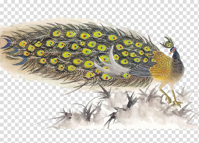grey, beige, and yellow peacock illustration, Chinese painting Ink wash painting Bird-and-flower painting Watercolor painting, peacock transparent background PNG clipart