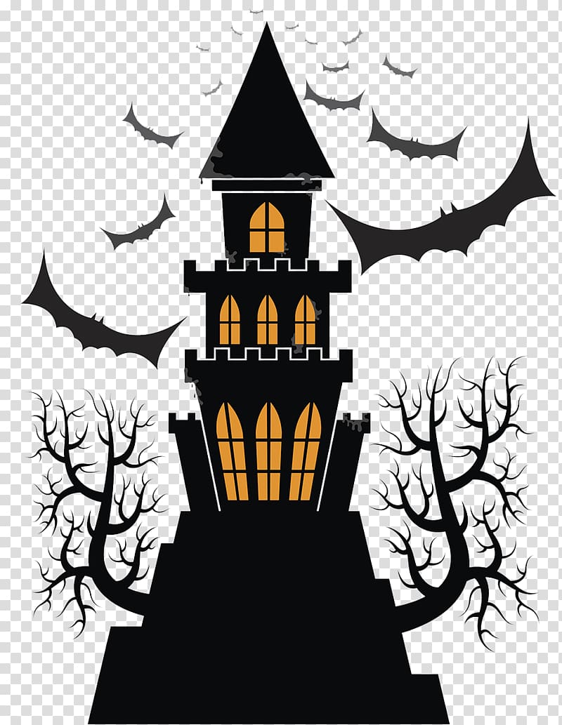 yellow and black Halloween castle with bats and trees , Frankenstein Castle Halloween , Halloween Castle transparent background PNG clipart