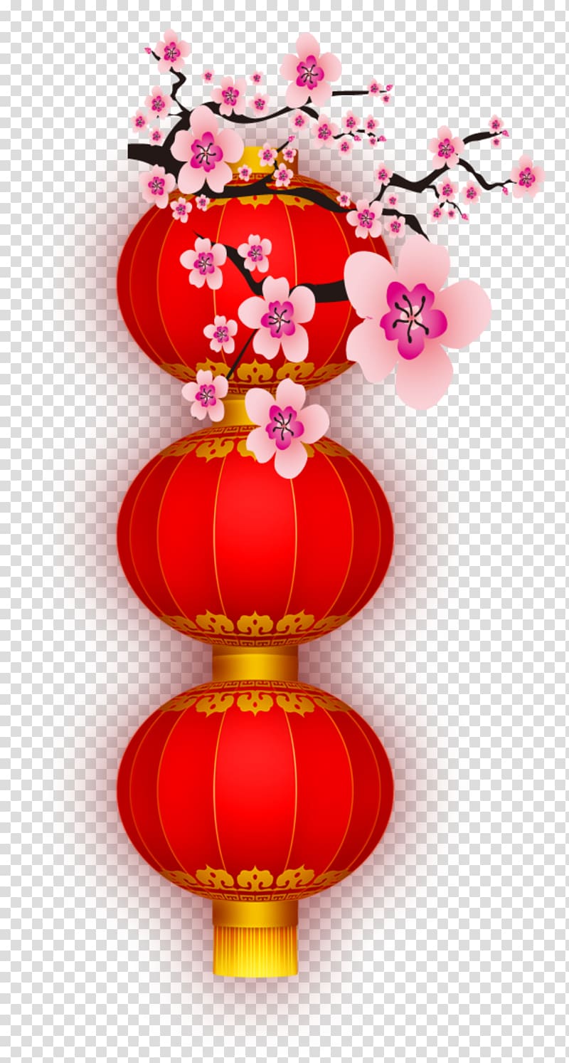 red and yellow hanging lantern, Lantern Chinese New Year Red, Plum and red lanterns transparent background PNG clipart