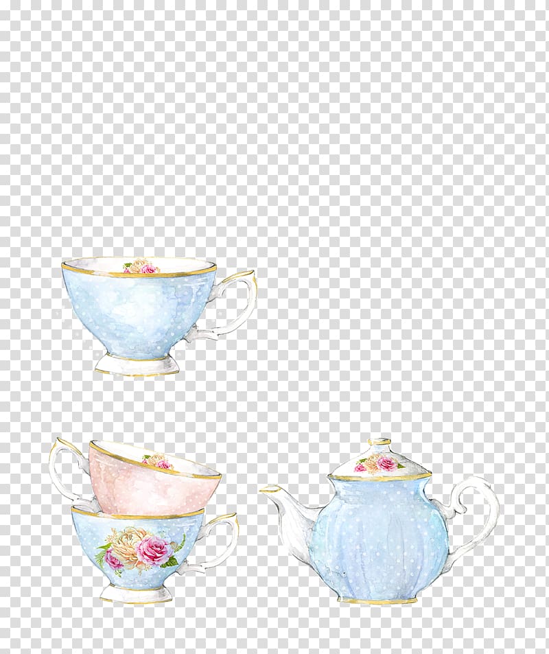 blue-and-white ceramic teacup set illustration, Watercolor painting Teapot , tea,scented tea,Retro transparent background PNG clipart